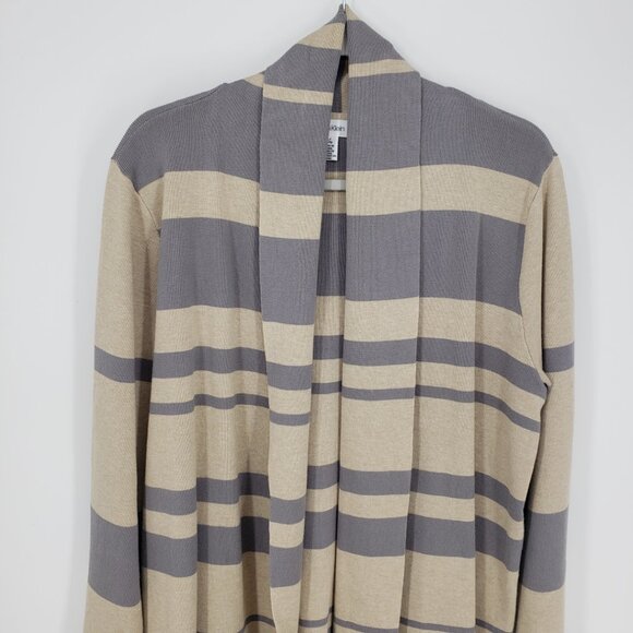Calvin Klein Open Front Long Cardigan Sweater L Womens Striped Gray Tan - Picture 4 of 9